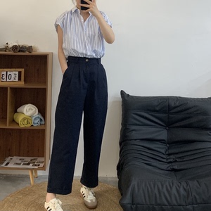 大码藏青色直筒休闲裤女夏季胖妹妹mm梨形身材韩版显瘦九分阔腿裤