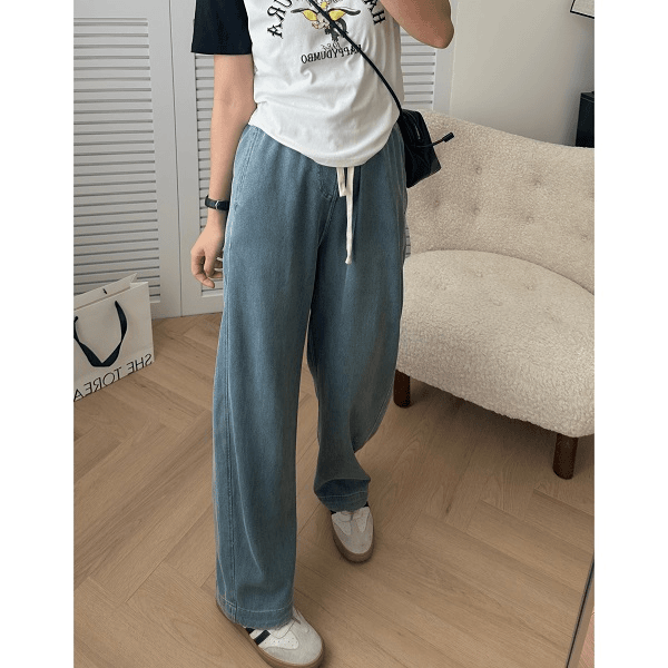 大码女装莱赛尔天丝牛仔裤夏季薄款胖妹妹梨形身材冰丝直筒阔腿裤
