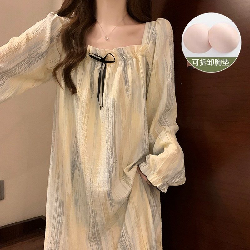 长袖睡裙女春秋季带胸垫纯棉可外穿防凸点棉纱睡衣女学生2025新款,女士内衣/男士内衣/家居服,睡裙,淘宝优惠券,粉丝福利购,淘宝优惠卷