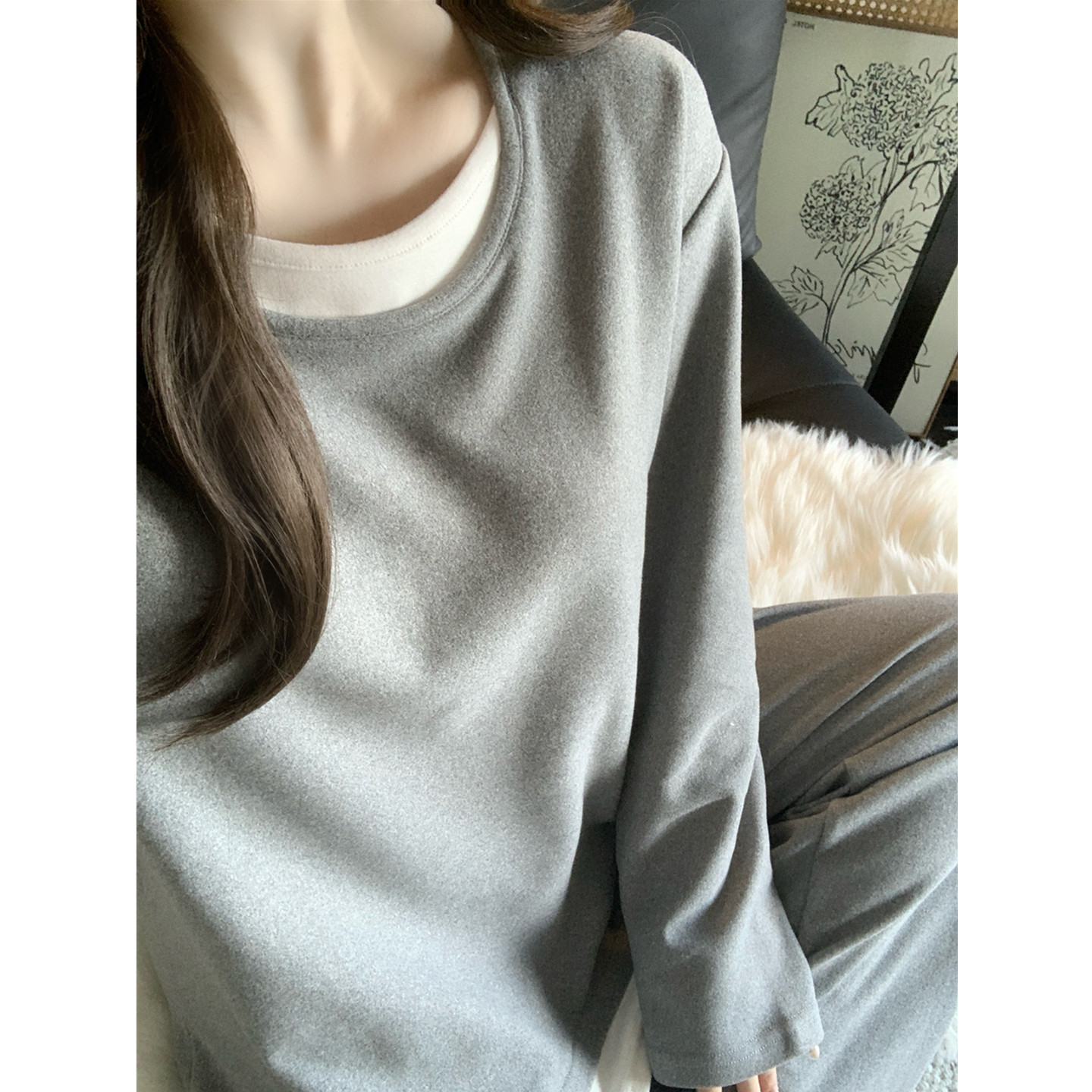 高级感羊绒保暖睡衣女秋冬带胸垫