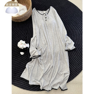 莫代尔长袖睡裙女带胸垫2026新款春秋季简约灰色中长款睡衣家居服