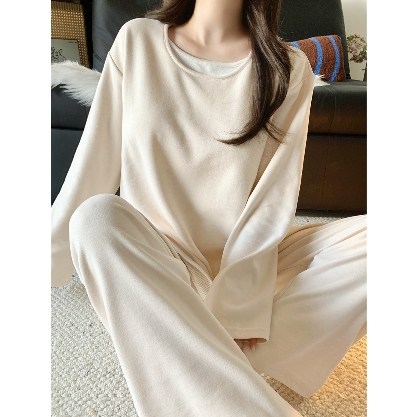 羊绒保暖睡衣女秋冬季带胸垫套装