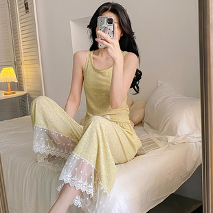 背心睡衣女款夏季人棉2026新款性感女士带胸垫黄色长裤家居服套装