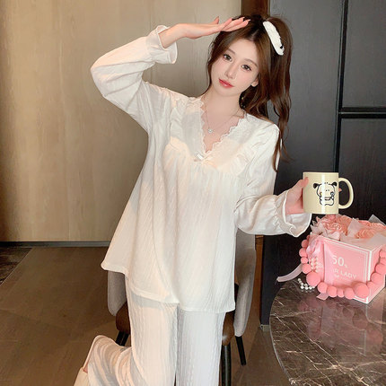 长袖睡衣女春秋款提花纯棉2025新款带胸垫一体公主v领白色两件套