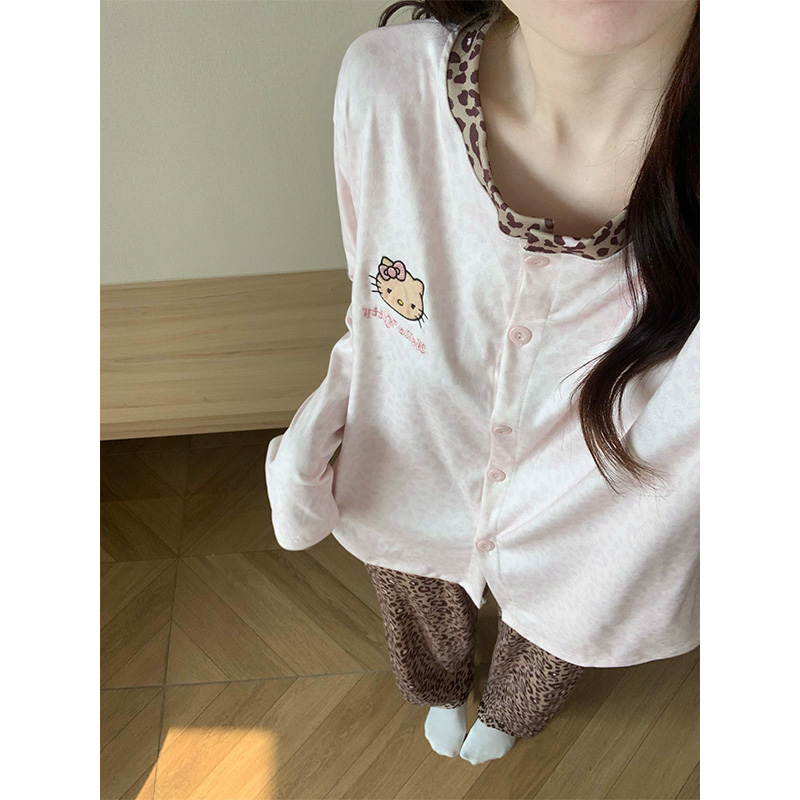 豹纹KT猫德绒睡衣女秋冬保暖长袖