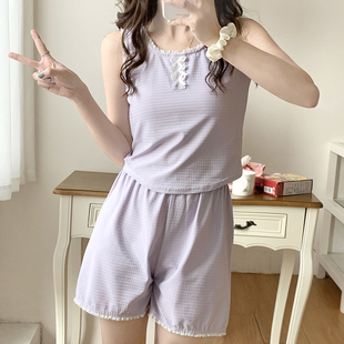 带胸垫背心短裤 甜美紫色蝴蝶结纯棉睡衣女夏季 家居服可外穿两件套