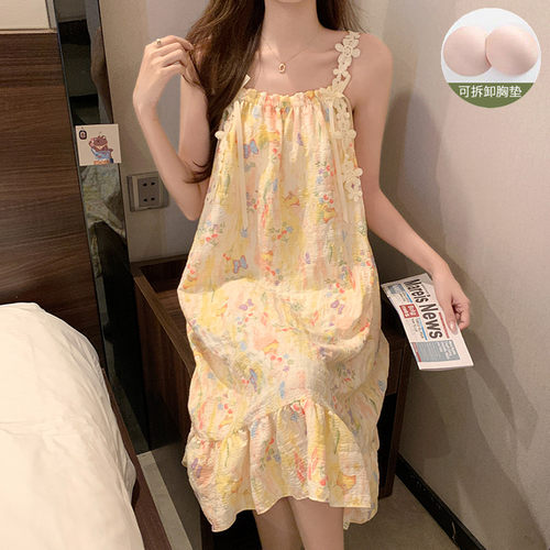 田园风吊带睡裙女带胸垫甜美蝴蝶