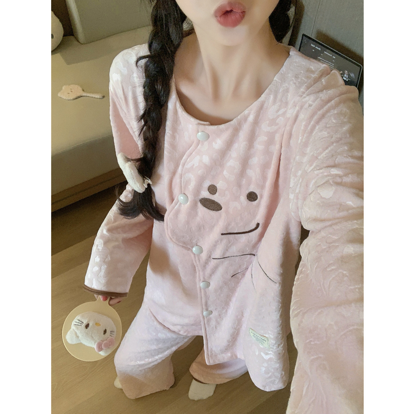 海岛绒睡衣女秋冬季加厚保暖小熊