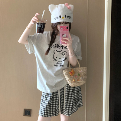 Hellokitty睡衣女夏短袖格子短裤