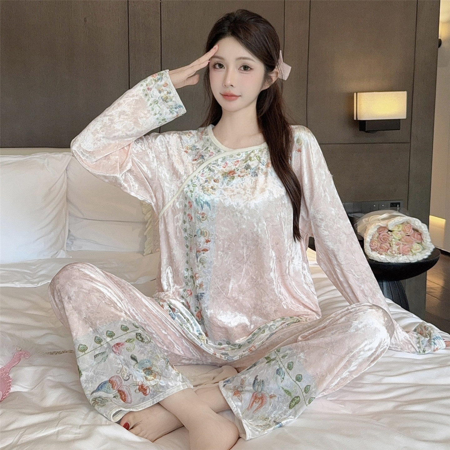新中式国风金丝绒长袖睡衣女秋冬