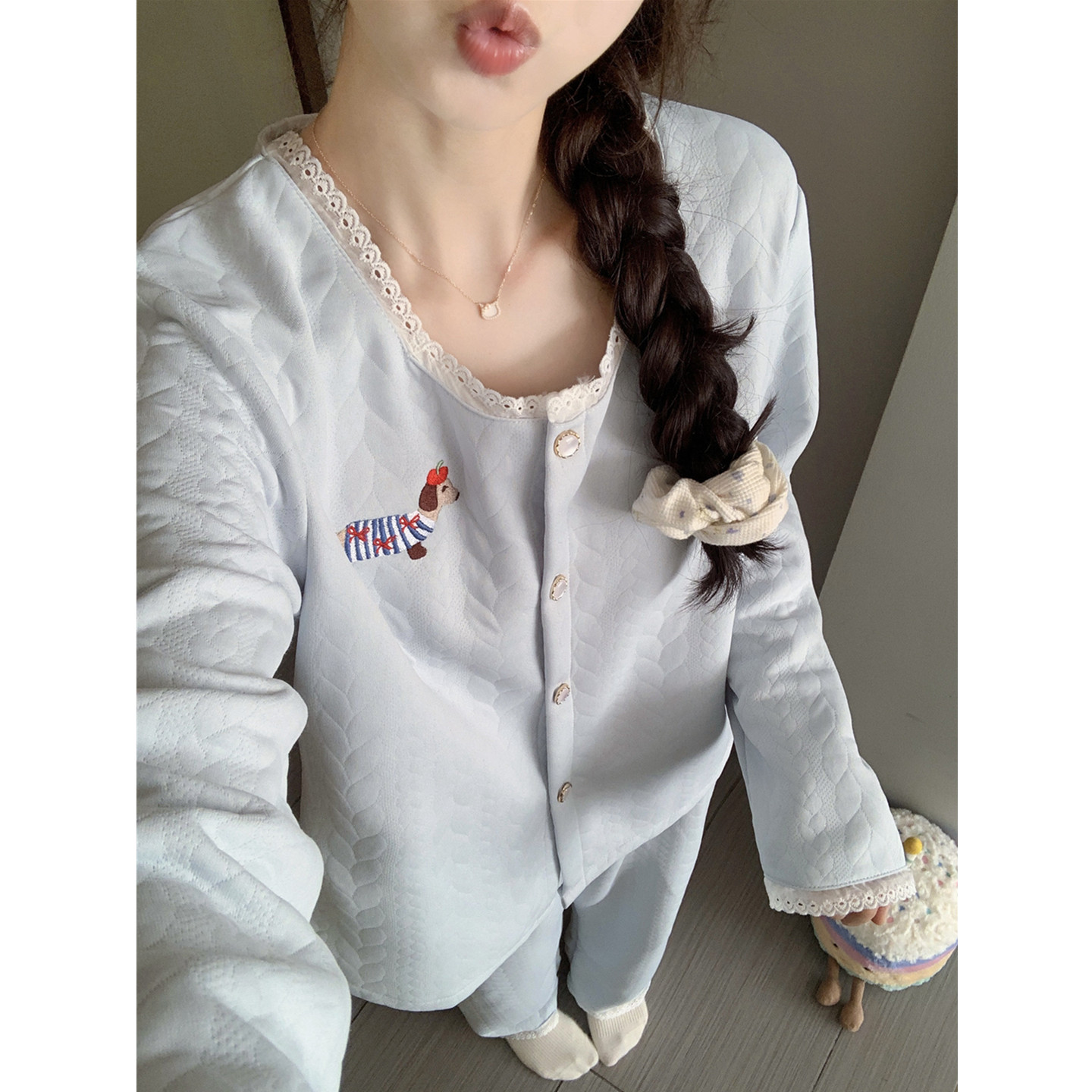 空气棉夹层睡衣女秋冬腊肠狗加厚