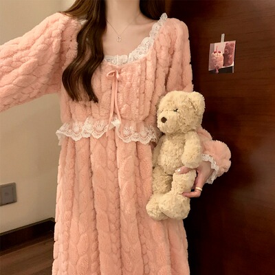 睡衣女冬季加厚珊瑚绒睡裙长款