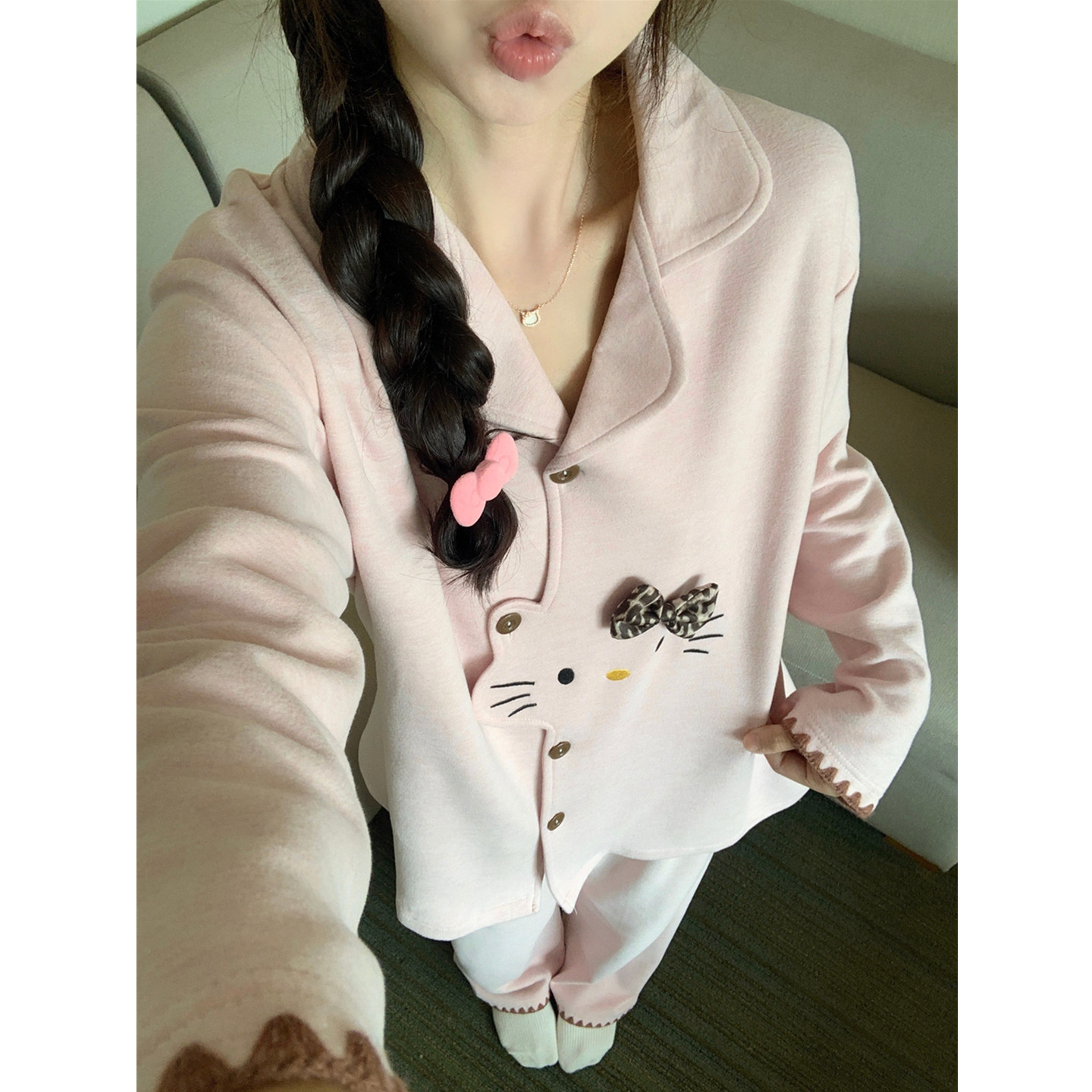 羊绒保暖睡衣女秋冬加厚KT猫套装