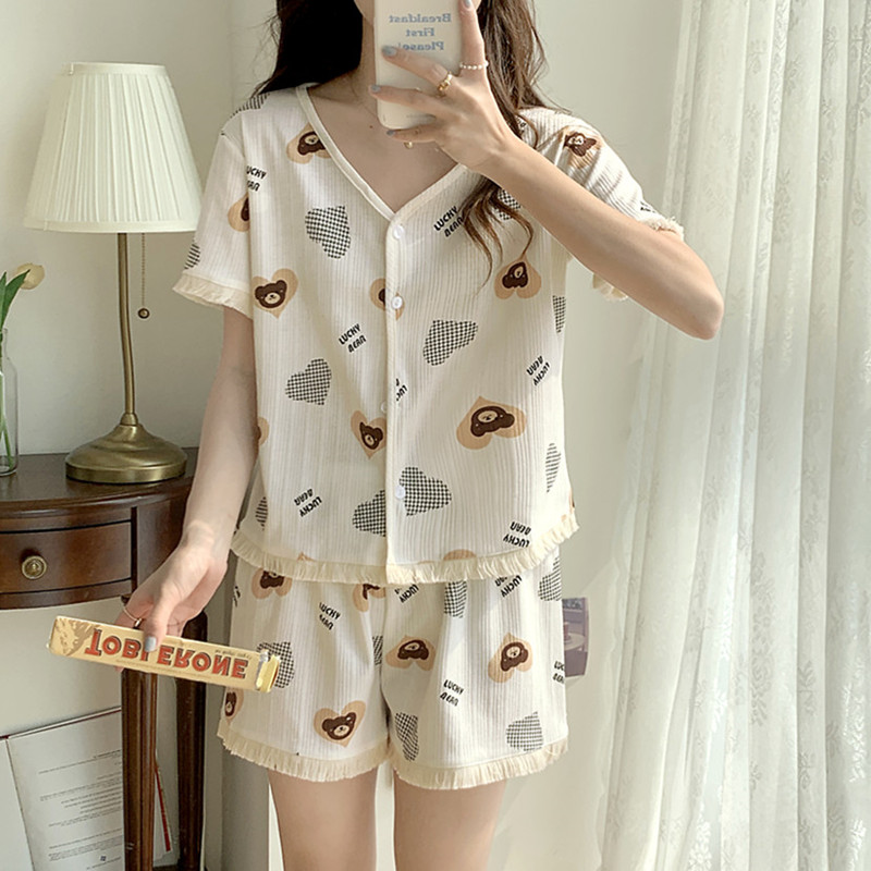 睡衣女夏款短袖纯棉小熊两件套