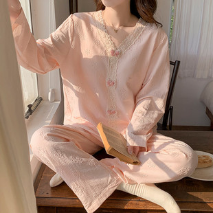 带胸垫睡衣女款春秋季云朵棉2026新款甜美粉色花边长袖套装家居服