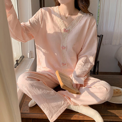 带胸垫睡衣女款春秋季云朵棉2026新款甜美粉色花边长袖套装家居服