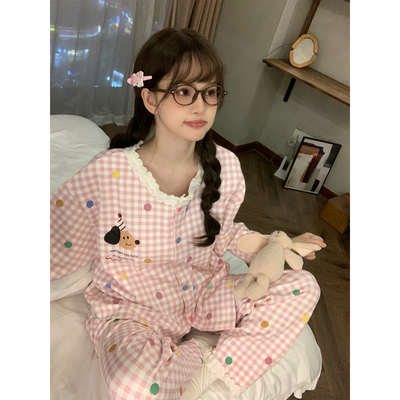 格子波点小狗睡衣女春秋长袖套装