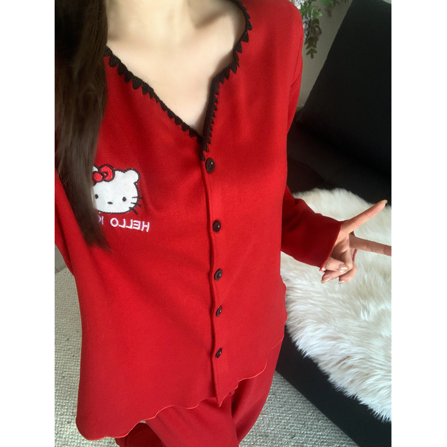 红色羊绒睡衣女款春秋冬季本命年结婚可爱KT猫加厚长袖套装家居服