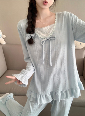 带胸垫睡衣女款春秋季长袖纯棉2025新款公主风蓝色花边家居服套装