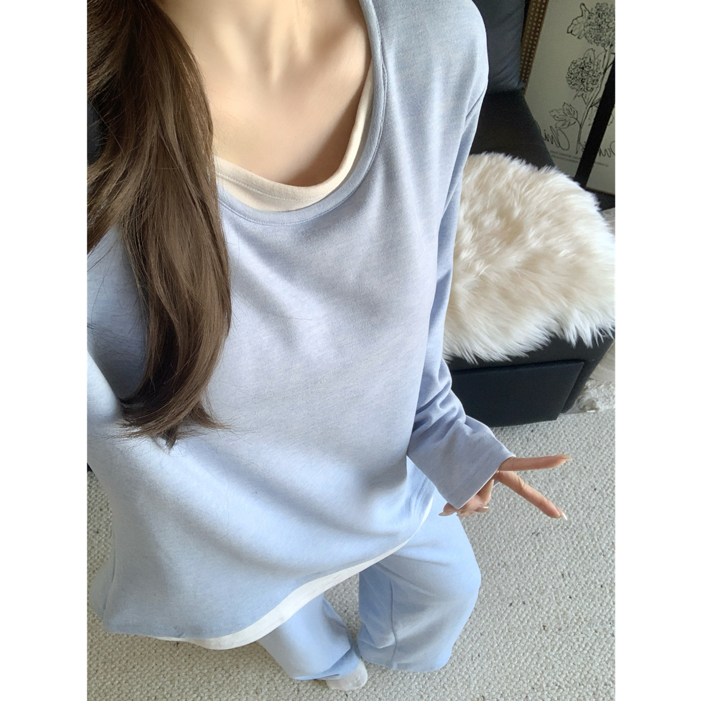 高级感羊绒保暖睡衣女秋冬带胸垫