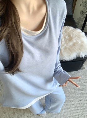 高级感羊绒睡衣女款秋冬季带胸垫简约蓝色加厚保暖长袖套装家居服