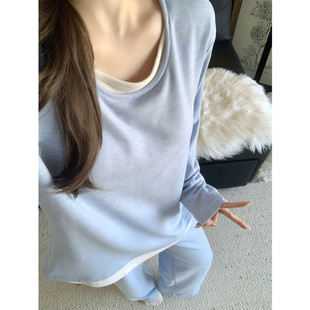 高级感羊绒睡衣女款秋冬季带胸垫简约蓝色加厚保暖长袖套装家居服