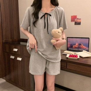 短袖 睡衣女夏季 纯棉2025新款 网红风女士灰色带胸垫家居服夏天套装