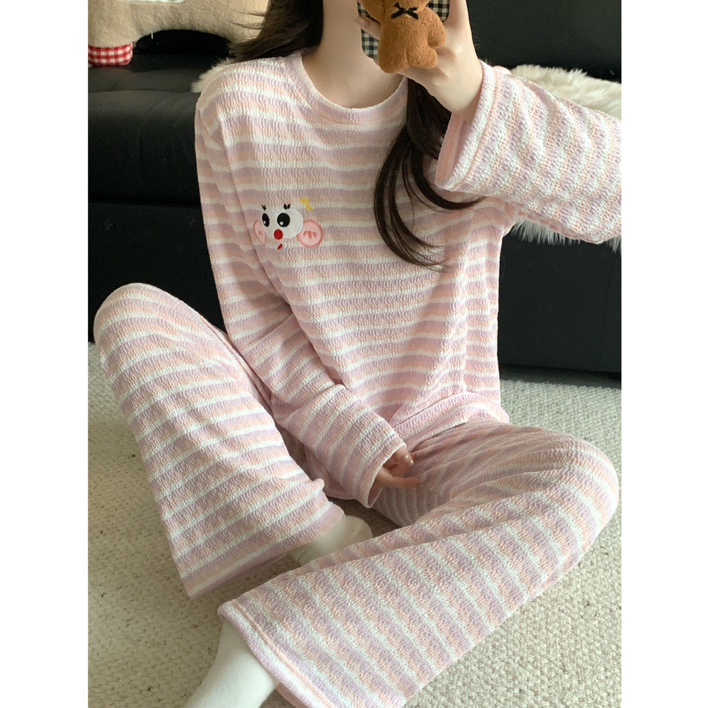 甜美网红风撞色条纹睡衣女2026新款春秋季日系卡通长袖套装家居服