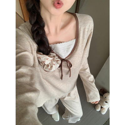 羊绒保暖睡衣女秋冬季蕾丝带胸垫