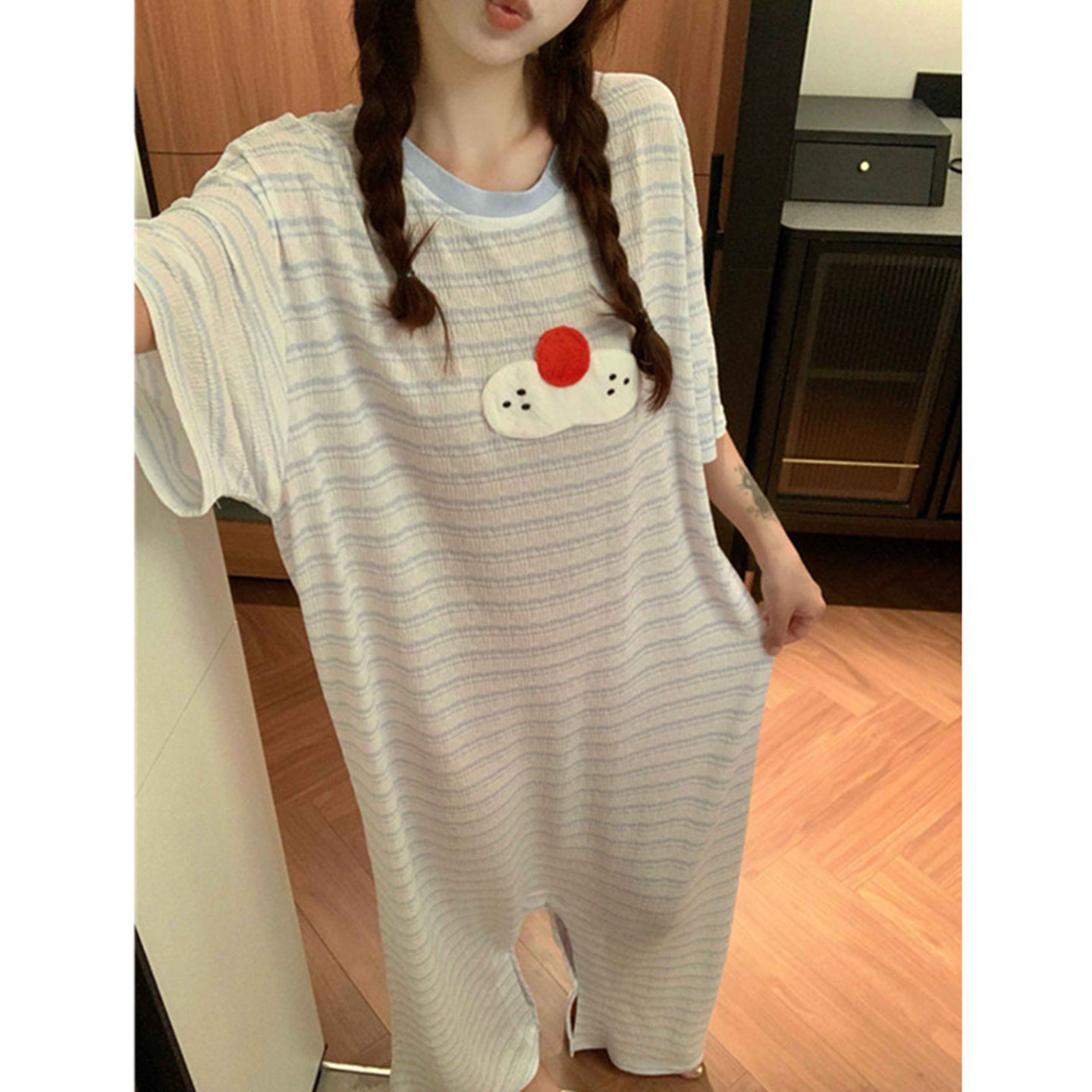 可爱酷猫短袖连体睡衣女款夏条纹