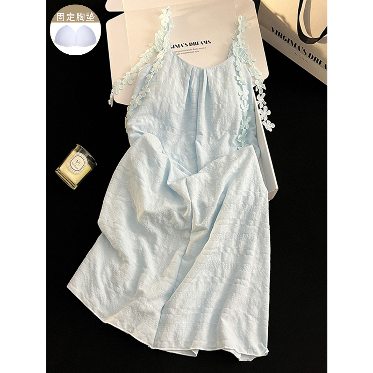 带胸垫性感吊带睡裙女夏季新款纯棉甜美蓝色花朵中长款睡衣家居服