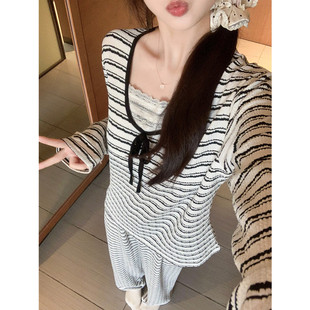 带胸垫睡衣女款春秋季莫代尔韩系休闲黑色条纹蕾丝长袖套装家居服