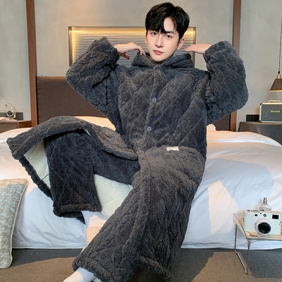 男士冬季睡袍三层夹棉保暖家居服