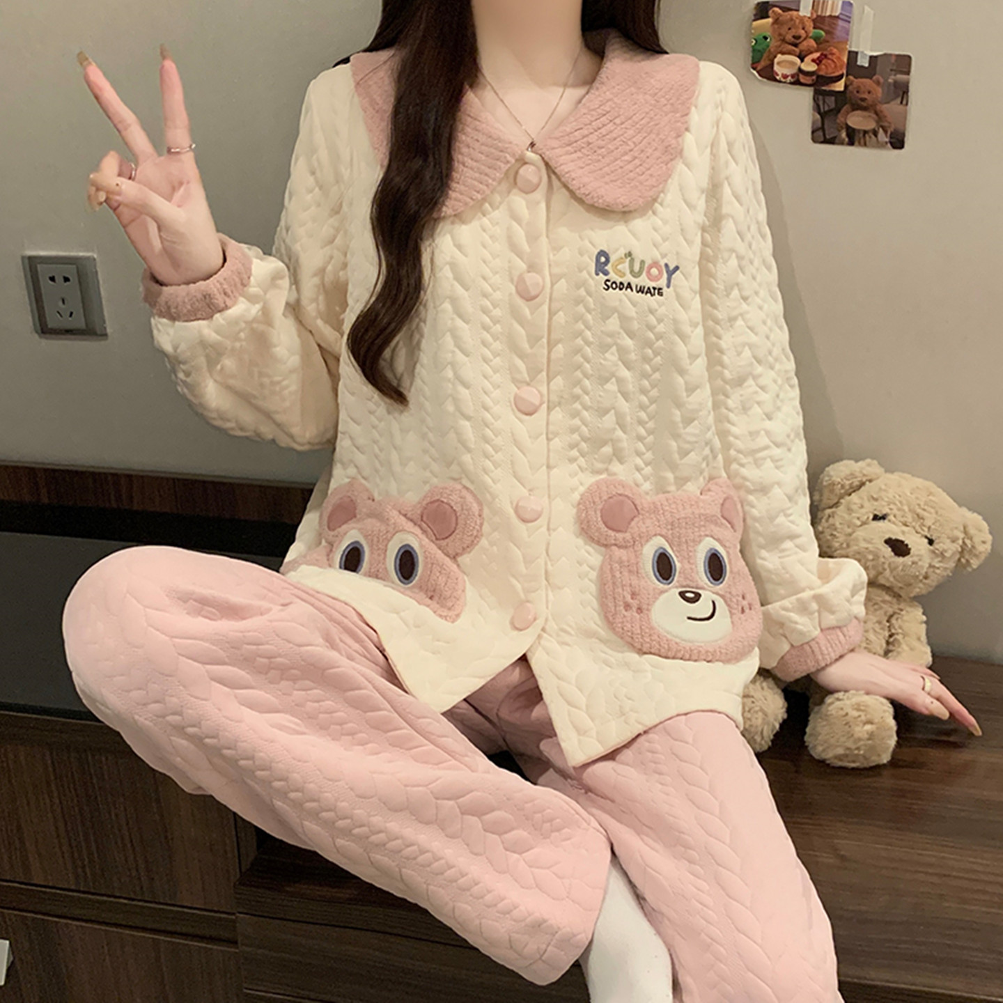 甜美小熊睡衣女秋冬空气棉夹层