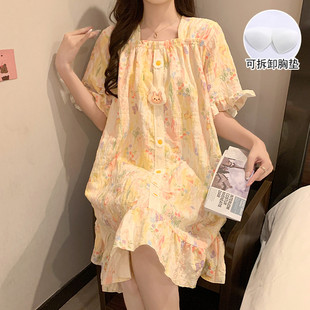 田园风带胸垫睡裙女夏季新款云朵棉甜美蝴蝶中长款短袖睡衣家居服