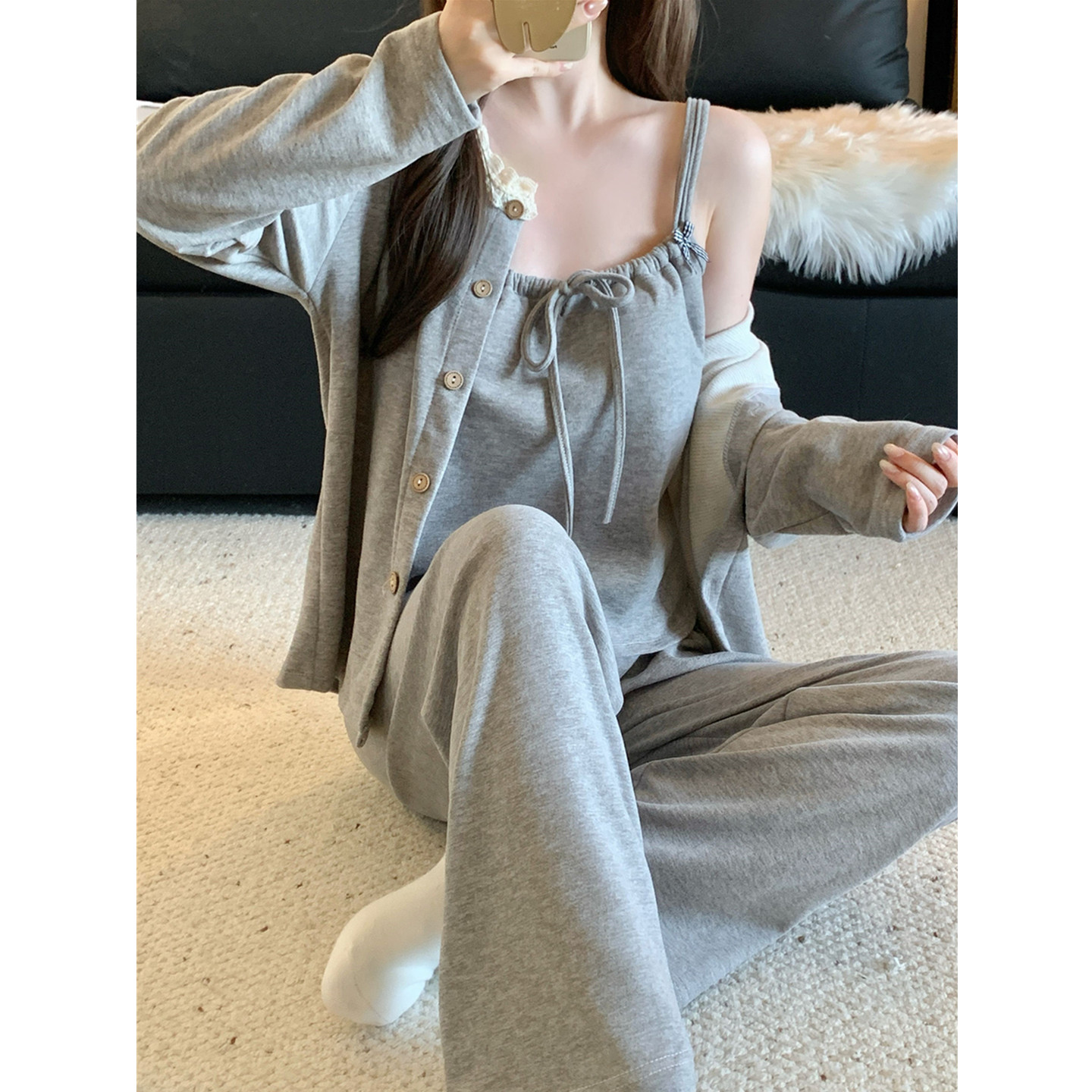 羊绒保暖睡衣女秋冬季长袖三件套