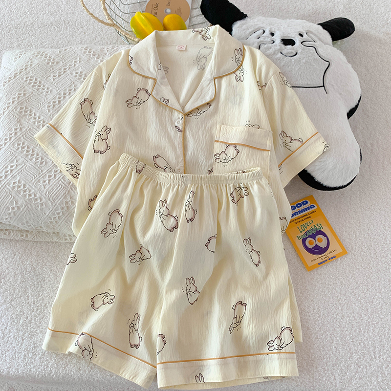 日系ins风云朵棉睡衣女款夏季短袖短裤卡通兔子可外穿家居服套装