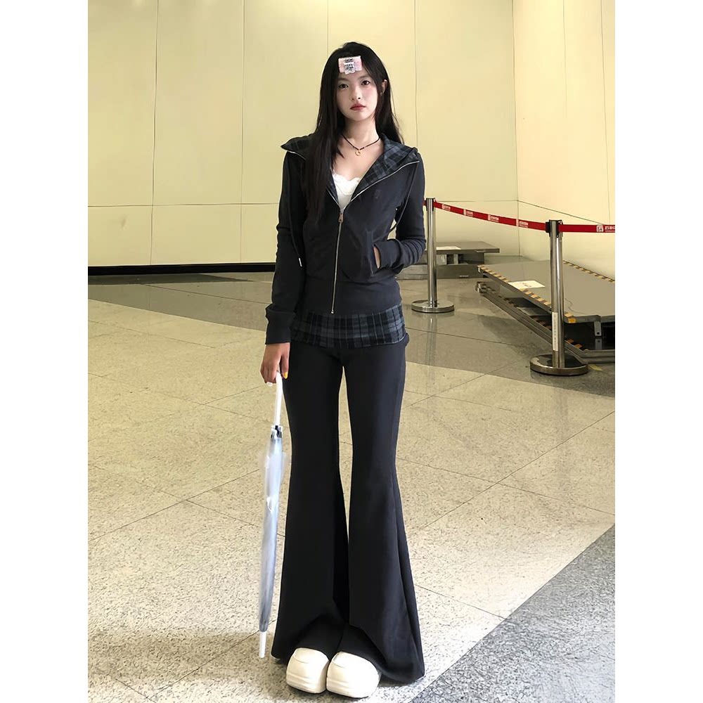 2026春 韩系松弛感套装 修身连帽长袖上衣+设计感显瘦长裤女新款