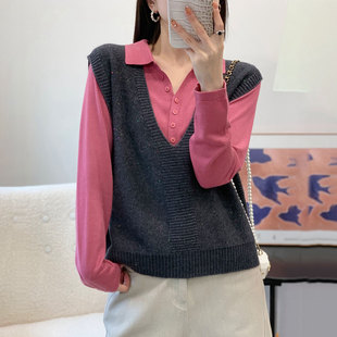 春季新款V领羊毛针织无袖马甲背心女士宽松短款洋气时尚外穿毛衣