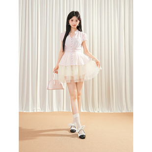 新中式古着vintage套装女 夏季国风收腰修身 短袖上衣短裙两件套