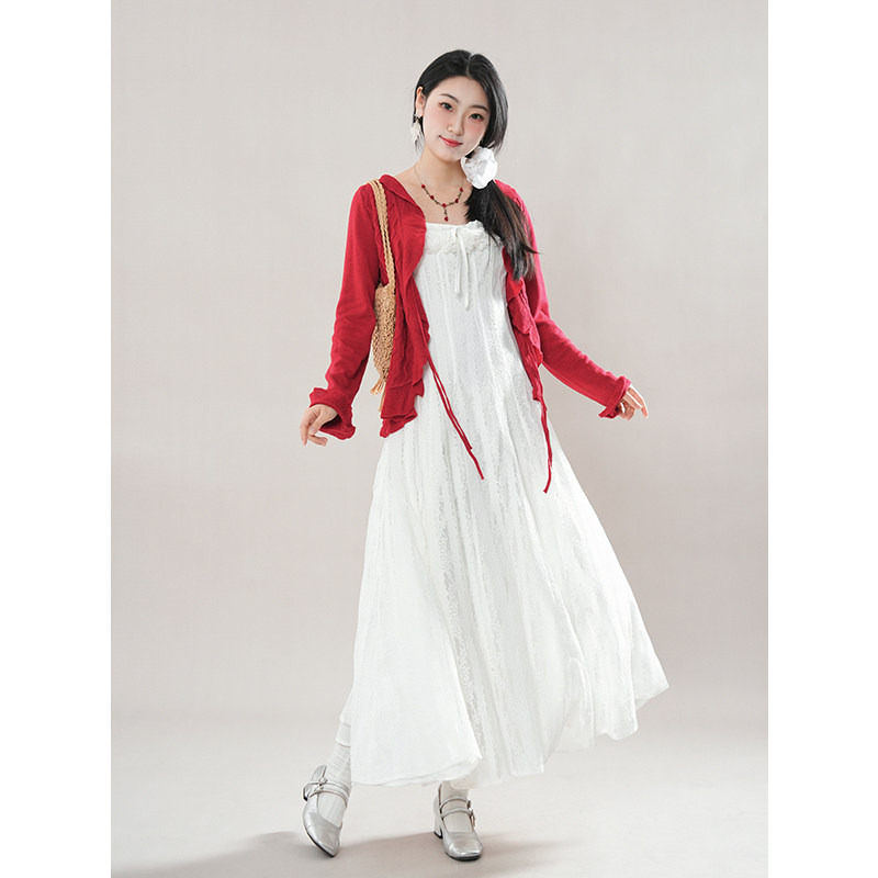 韩系温柔甜美套装裙女春季新款红色开衫+白色吊带长裙两件套