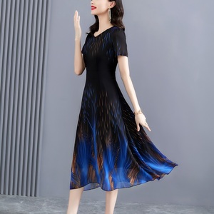 RM14065#短袖减龄长款连衣裙女2023夏新款雪纺圆领气质显瘦大摆度假沙滩裙