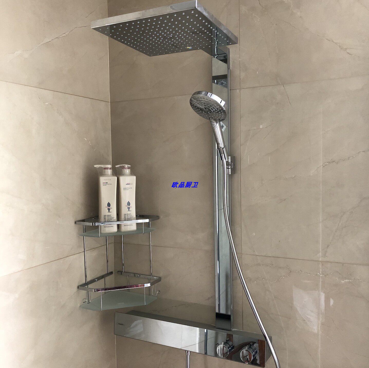 汉斯格雅 飞雨e300 明装单速恒温花洒淋浴27364007镀铬带置物架