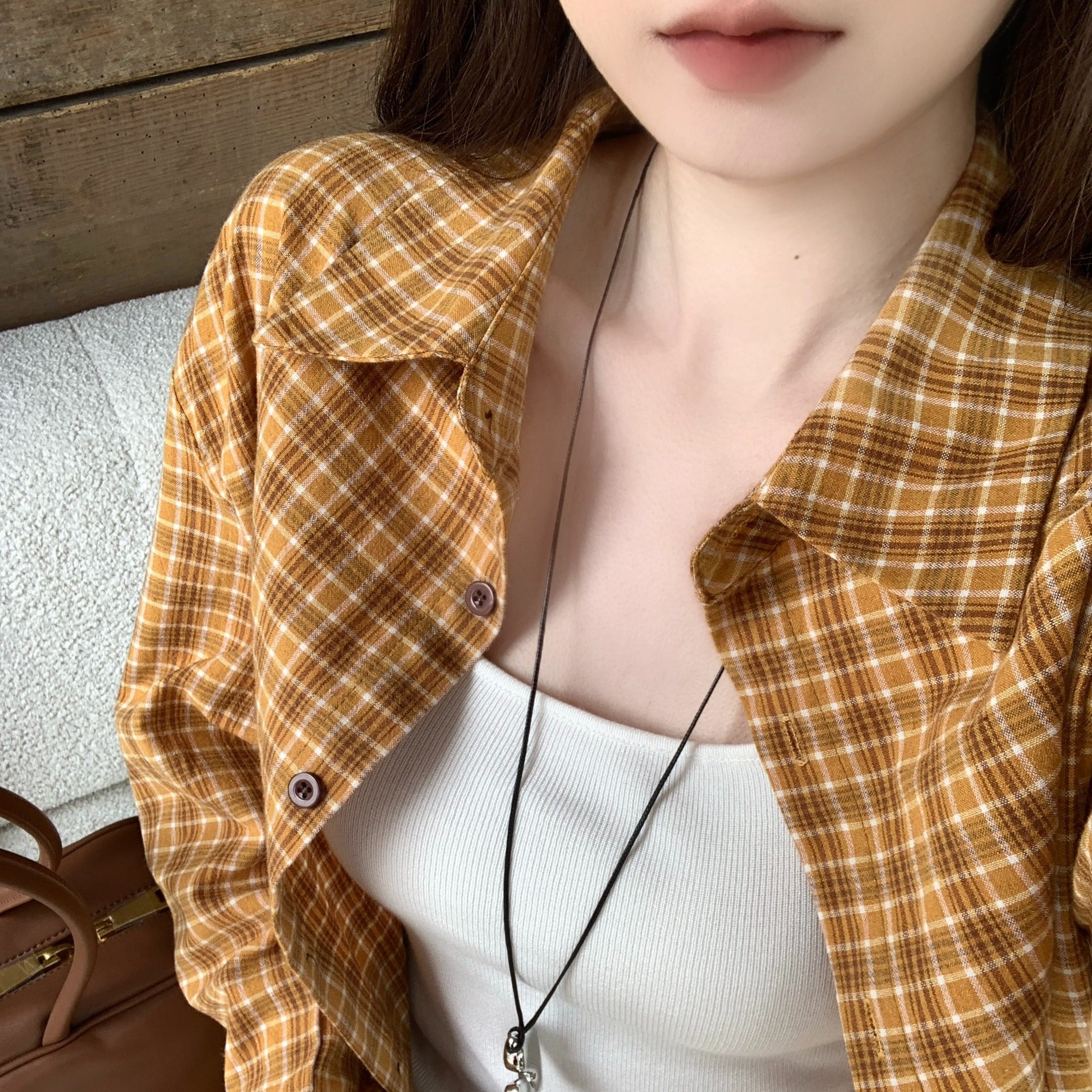 港风复古黄色格子衬衣外套女夏季慵懒风宽松休闲防晒格纹衬衫上衣