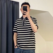 T恤 运动简约百搭潮流帅气翻领短袖 高级感半拉链条纹POLO衫 男夏季