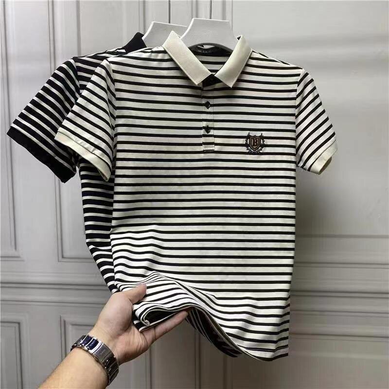 品质捡漏~夏季冰丝短袖t恤男士绣花条纹翻领POLO衫修身T恤男1/2件图片