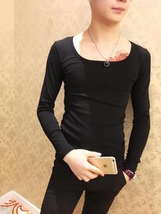 快手红人同款长袖T恤男紧身方领一字领大圆领弹力打底体恤衫秋冬