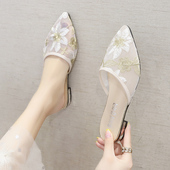 网纱平跟半拖鞋 网红款 女外穿凉拖 新款 韩版 绣花包头拖鞋 女2025夏季