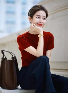 2026夏季半高领短袖打底衫红色小香风针织正肩T恤女短款半袖上衣