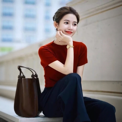 半高领短袖打底衫红色小香风针织